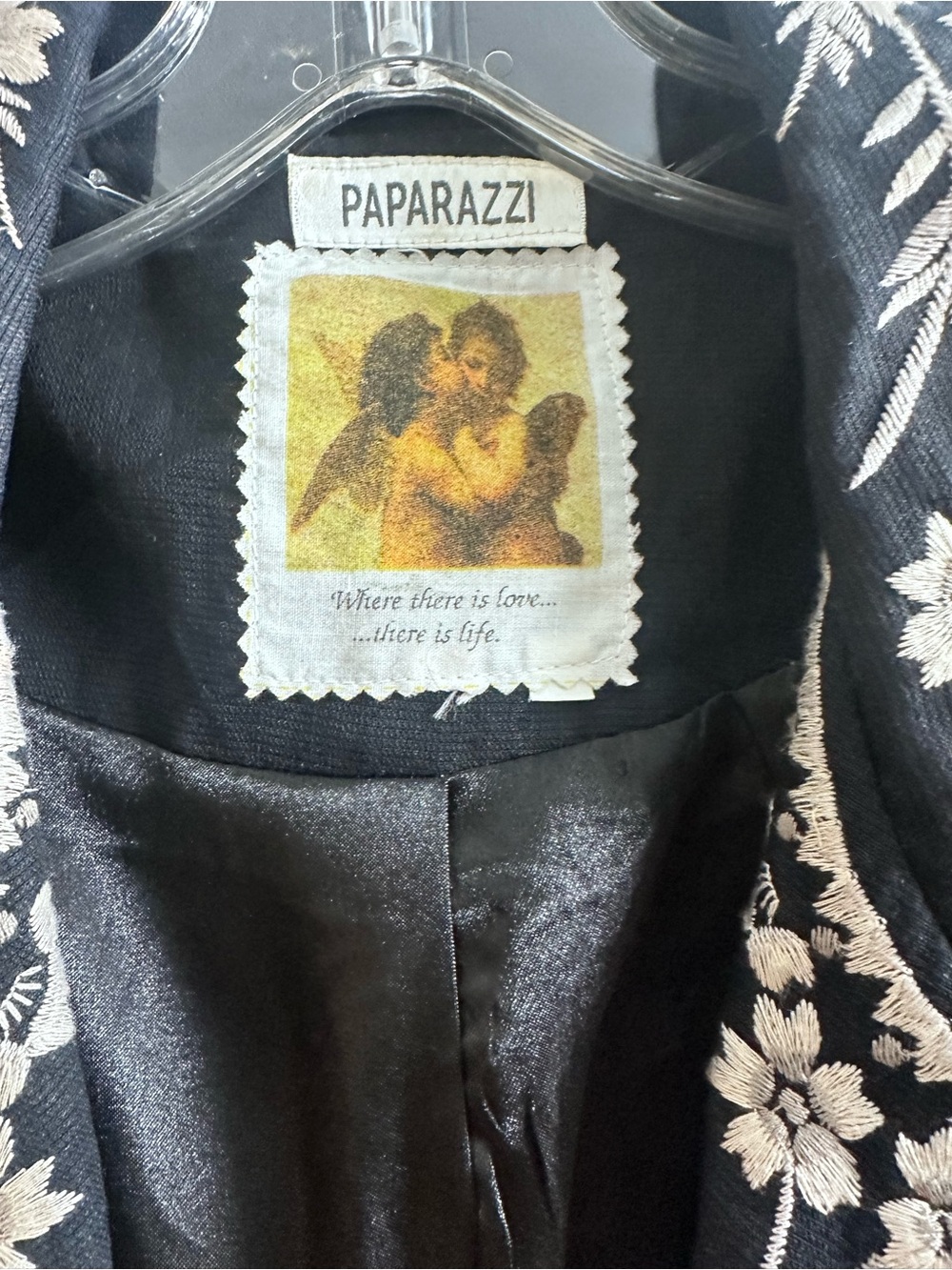 paparazzi Black Coat with White Floral Embroidery - Picture 2 of 7